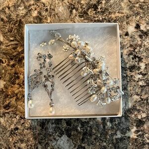 Silver and Pearl bridal hairpiece and earrings